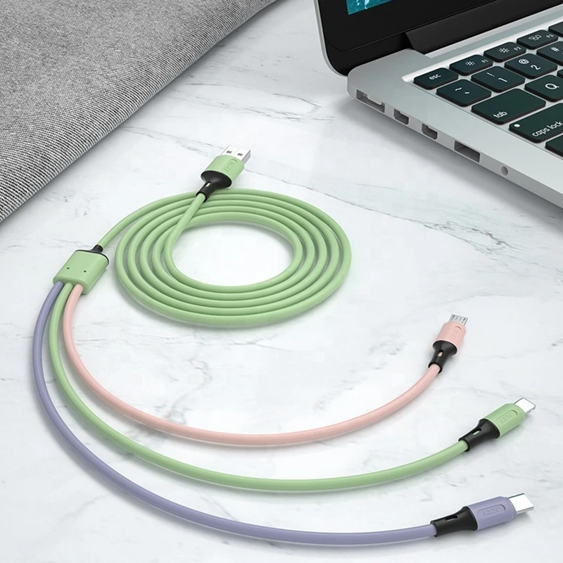 3 in 1 Liquid silicone For iPhone Charging Cable 2A Fast Charging Data Cable Multi-function Micro USB Type-C Phone Charger, Green+lavender+silt color
3 in 1 Liquid silicone For iPhone Charging Cable 2A Fast Charging Data Cable Multi-function Micro USB Type-C Phone Charger, Green+lavender+silt color