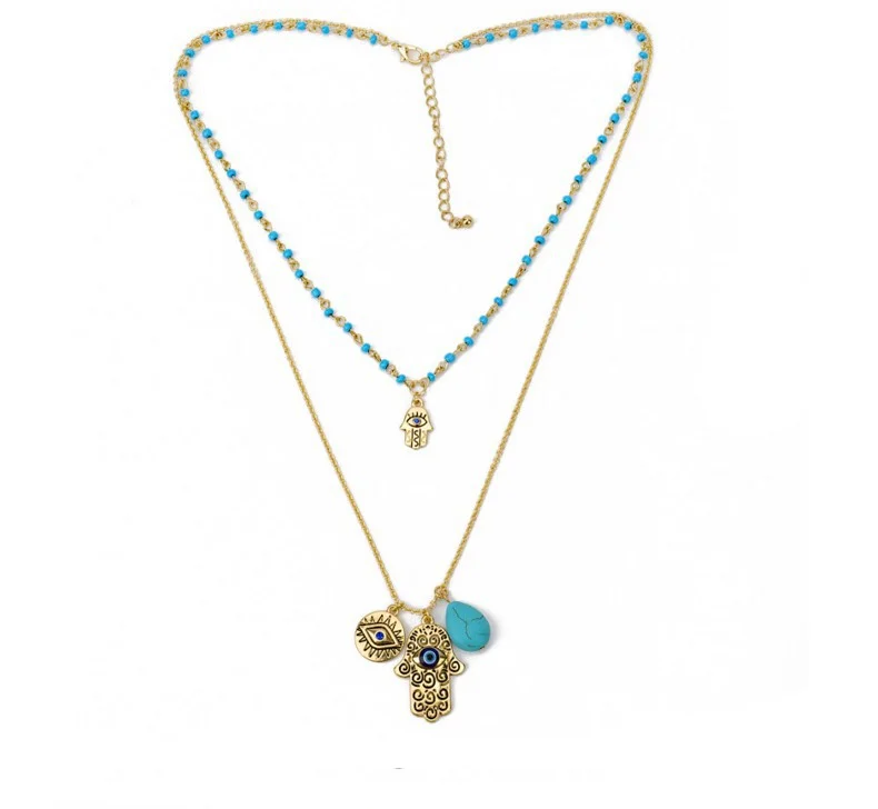 Necklace Jewelry Style Two Layered Turquoise Seedbead and Metal Chain Row EvilEye and Palm Charms Necklace
Necklace Jewelry Style Two Layered Turquoise Seedbead and Metal Chain Row EvilEye and Palm Charms Necklace