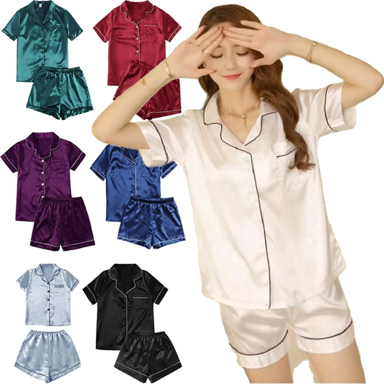 

Female Hot sell Solid Loungewear 2 pcs Pjs Short Sleeve pyjamas en satin soft sleepwear plus size designer satin printed pajamas