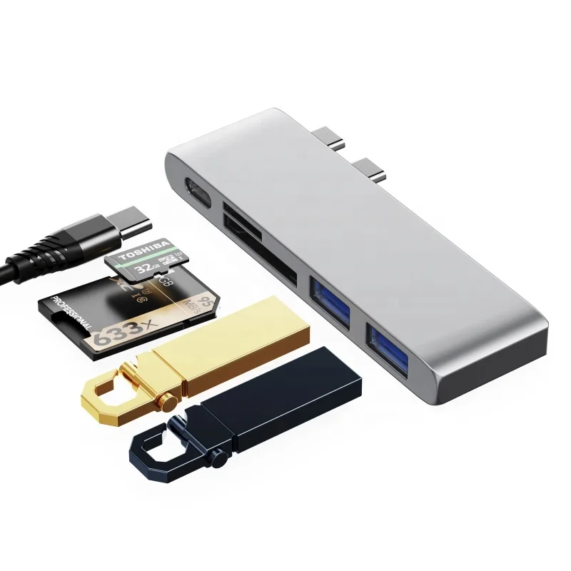 

5 in 1 Dual USB Hub 3.0 SD/TF Card Reader Charging Adapter USB Hub Type C For MacBook Pro Hub USB C, Grey silver