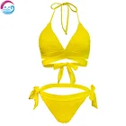 Women's yellow color plus size crossing back halter shirred triangle swimwear hot sexy bikini set