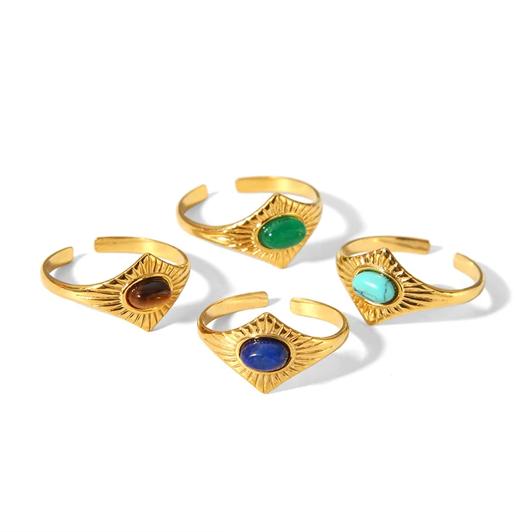 

G2116 Classic Vintage Lapis Lazuli Turquoise Stone Open Rings Dainty Jewelry Sun Shape 18K PVD Gold Plated Stainless Steel Rings