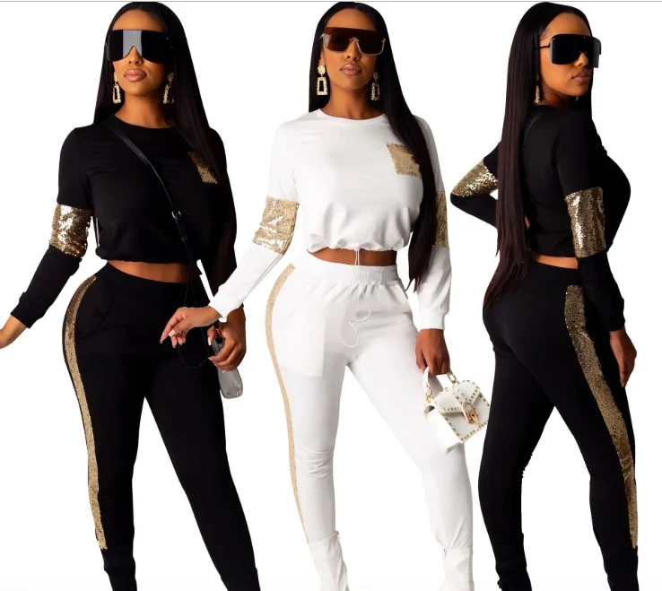 2021 New Arrivals Women O-Neck Long Sleeve Crop Drawstring Pants 2 Pieces Set Side Glitter Striped Patchwork Outfits Tracksuit, Picture show
2021 New Arrivals Women O-Neck Long Sleeve Crop Drawstring Pants 2 Pieces Set Side Glitter Striped Patchwork Outfits Tracksuit, Picture show