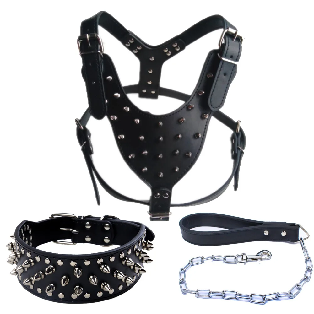 Punk rivet collar pet traction three-piece PU leather dog harness chest strap chain hand holding rope
Punk rivet collar pet traction three-piece PU leather dog harness chest strap chain hand holding rope