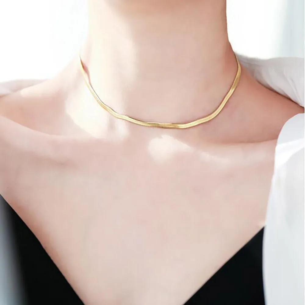 Hot sale women fashion herringbone stainless steel gold plated rose gold flat choker chain snake necklace, Gold/rose gold
Hot sale women fashion herringbone stainless steel gold plated rose gold flat choker chain snake necklace, Gold/rose gold