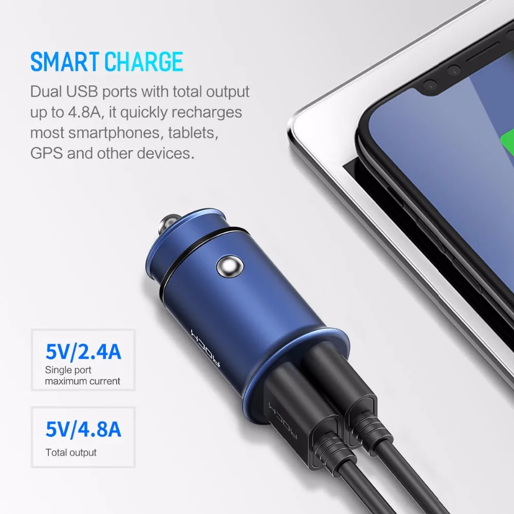 ROCHE 5 V 4.8A En Métal mini Chargeur De Voiture Double USB pour iPhone Samsung Téléphone Portable Rapide De Téléphone De Voiture De Voyage USB chargeur - ANKUX Tech Co., Ltd