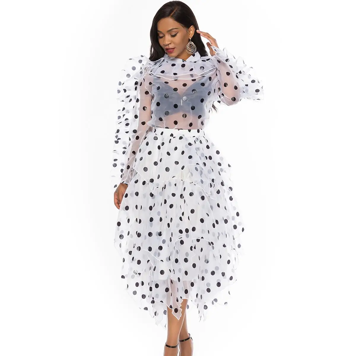 2020 Spring Summer Fashion Female Plus Size Womens New Polka Dot Two Piece Set Organza Oversize Blouse Irregular Midi Skirt Set
2020 Spring Summer Fashion Female Plus Size Womens New Polka Dot Two Piece Set Organza Oversize Blouse Irregular Midi Skirt Set