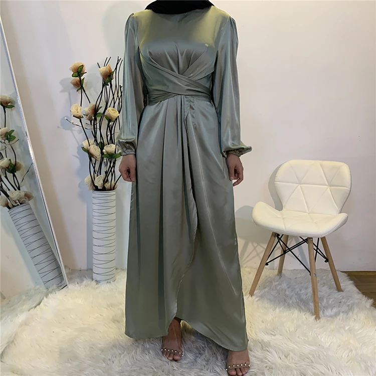 Round Neck Crossover Design Simple Satin Islamic Clothing Women Muslim Dress 
Round Neck Crossover Design Simple Satin Islamic Clothing Women Muslim Dress