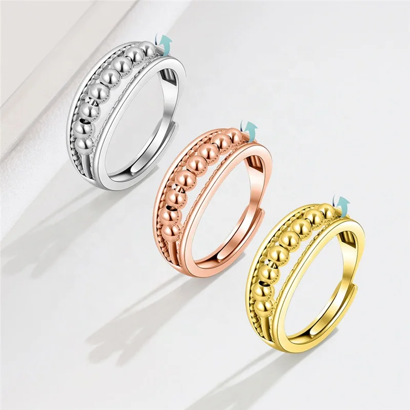 

S925 Sterling Silver Three Layer Adjustable Fidget Anxiety Reduce Spinner Bead Open Ring Fine Jewelry For Women
