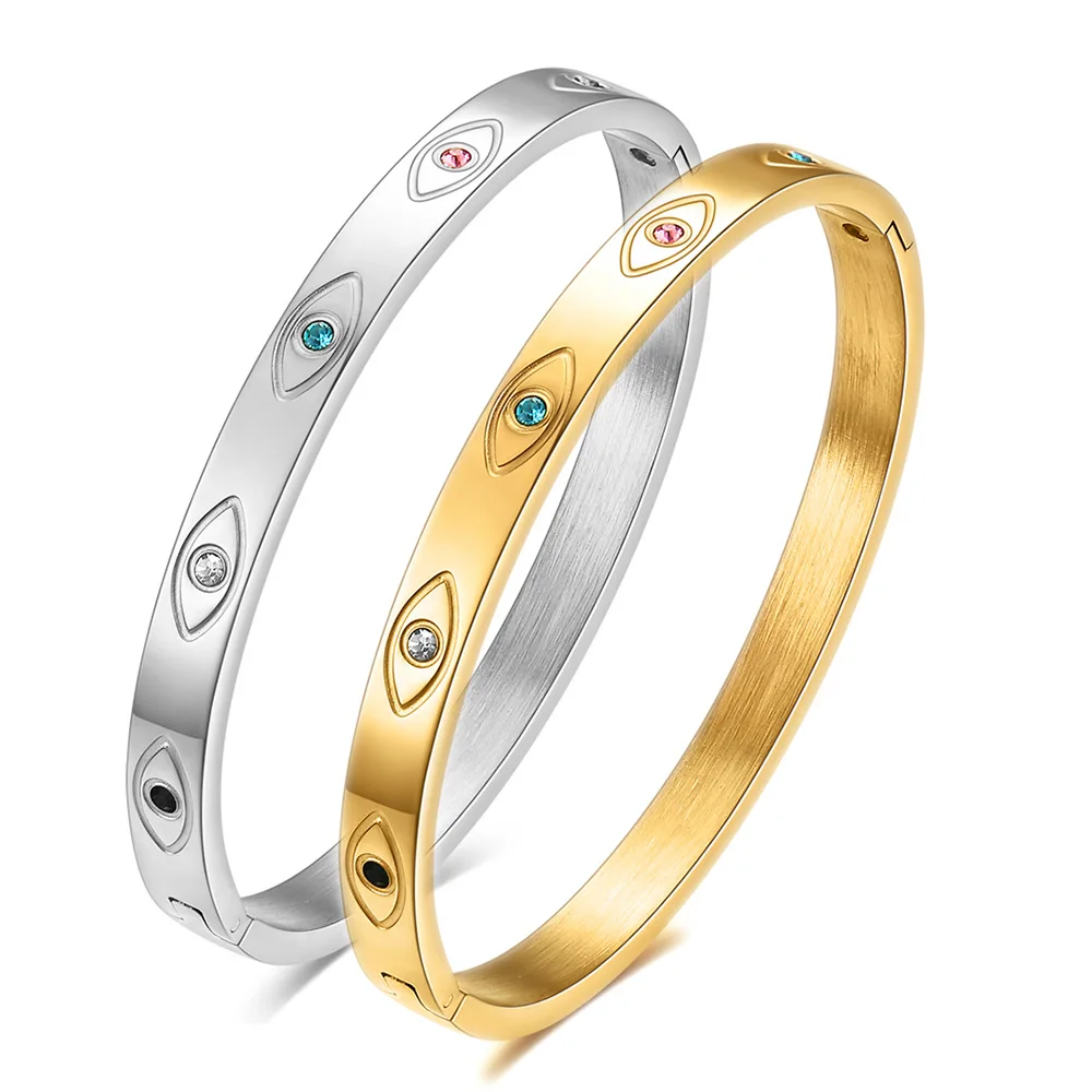 Colorful Inlaid zircon stones bracelet 18K gold stainless steel crystal eye bangle fashion simple luxury bracelet jewelry
Colorful Inlaid zircon stones bracelet 18K gold stainless steel crystal eye bangle fashion simple luxury bracelet jewelry