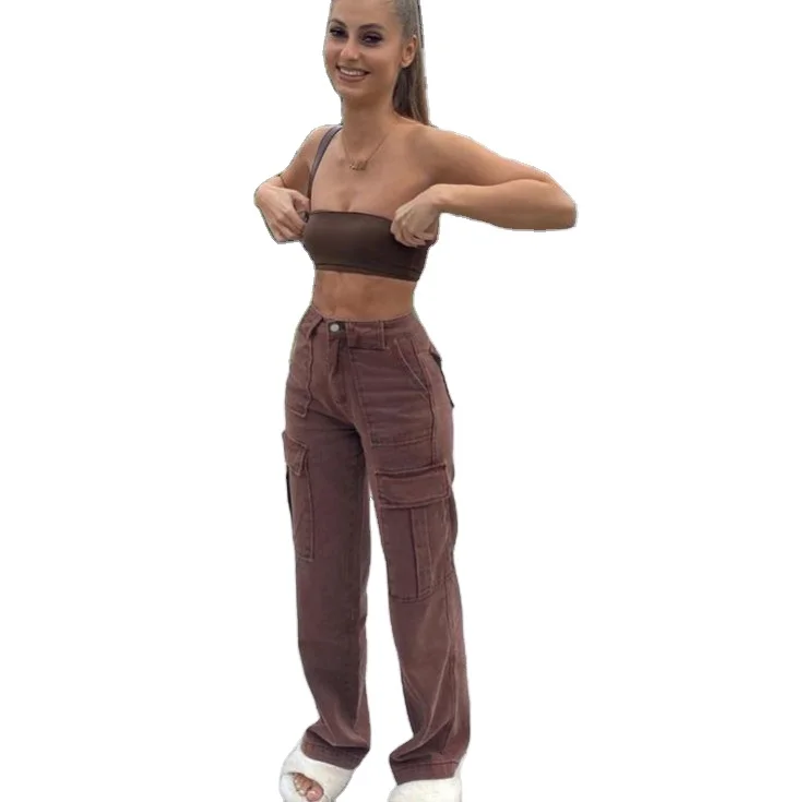 Women Streetwear Pockets Wide Leg Cargo Pants High Waist versatile Straight Denim Trousers 2022 Brown Vintage Baggy Jeans
Women Streetwear Pockets Wide Leg Cargo Pants High Waist versatile Straight Denim Trousers 2022 Brown Vintage Baggy Jeans