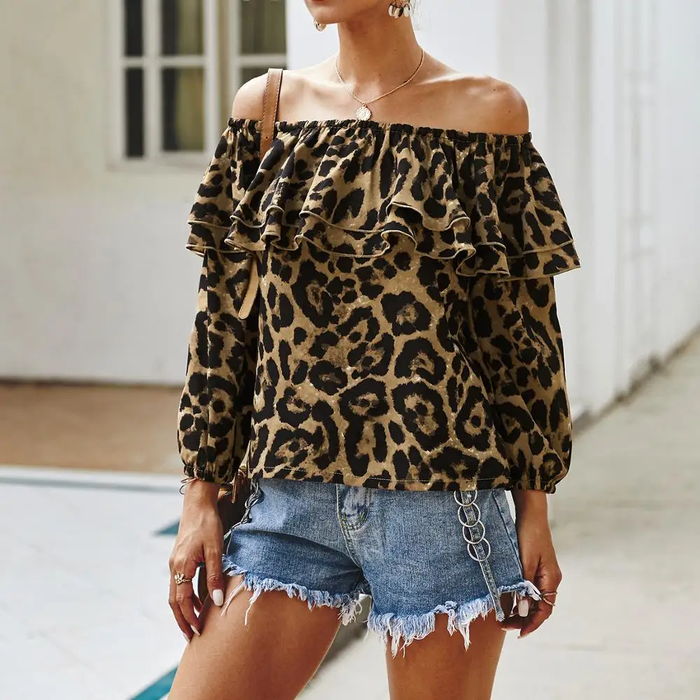 Fashion women's top leopard print off-the-shoulder top 7-point sleeve petal top shirt
Fashion women's top leopard print off-the-shoulder top 7-point sleeve petal top shirt