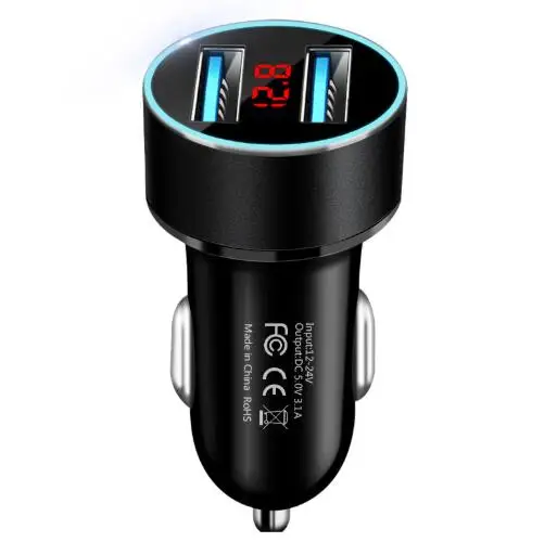 

LED Display Vertical Cigarette Lighter 2 Ports USB 3.1A Auto USB Car Charger for cell phone, Black,red,silver,blue