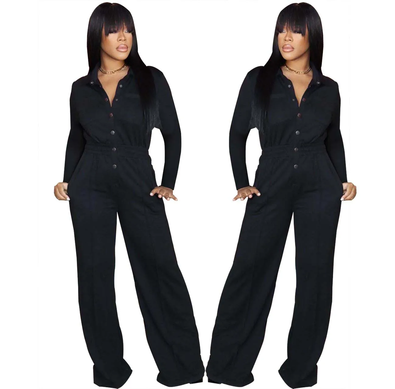 FE198 New style women's fashion casual loose solid color shirt elastic belt waist thigh pants jumpsuit, Black
FE198 New style women's fashion casual loose solid color shirt elastic belt waist thigh pants jumpsuit, Black