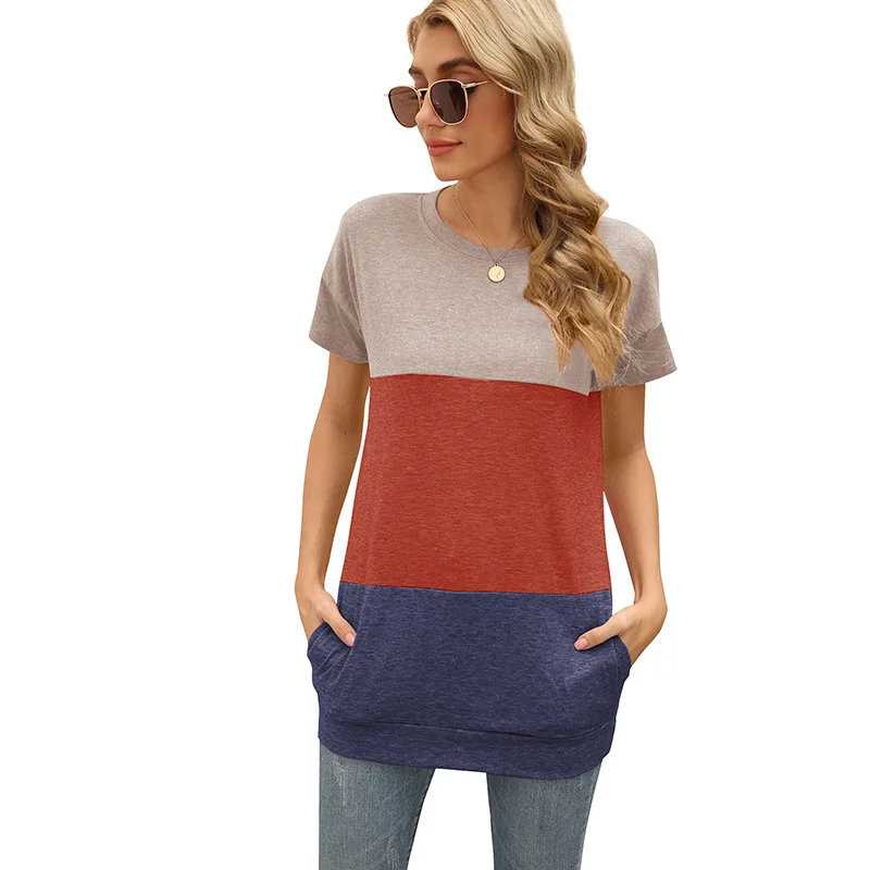 The new summer women's patchwork T-shirt pocket round neck short sleeved loose blouse
The new summer women's patchwork T-shirt pocket round neck short sleeved loose blouse