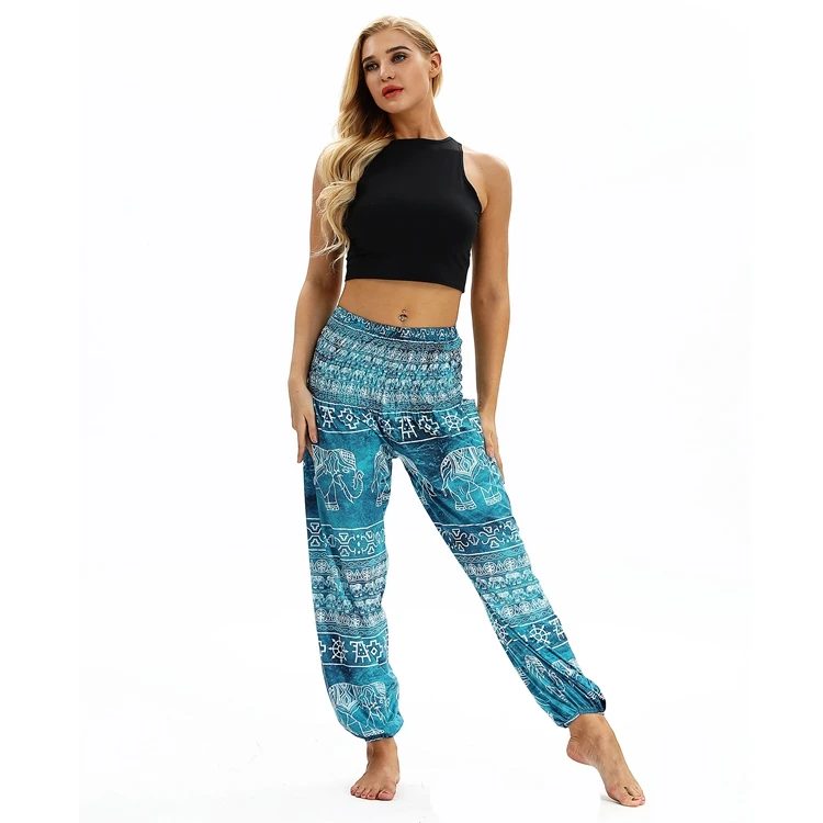 Womens Smocked Waist Harem Hippie Trousers Boho Floral Printed Loose Soft Aladdin High Waist Tummy Control Fitness Yoga Pants for Ladies Womens Smocked Waist Harem Hippie Trousers Boho Floral Printed Loose Soft Aladdin High Waist Tummy Control Fitness Yoga Pants for Ladies