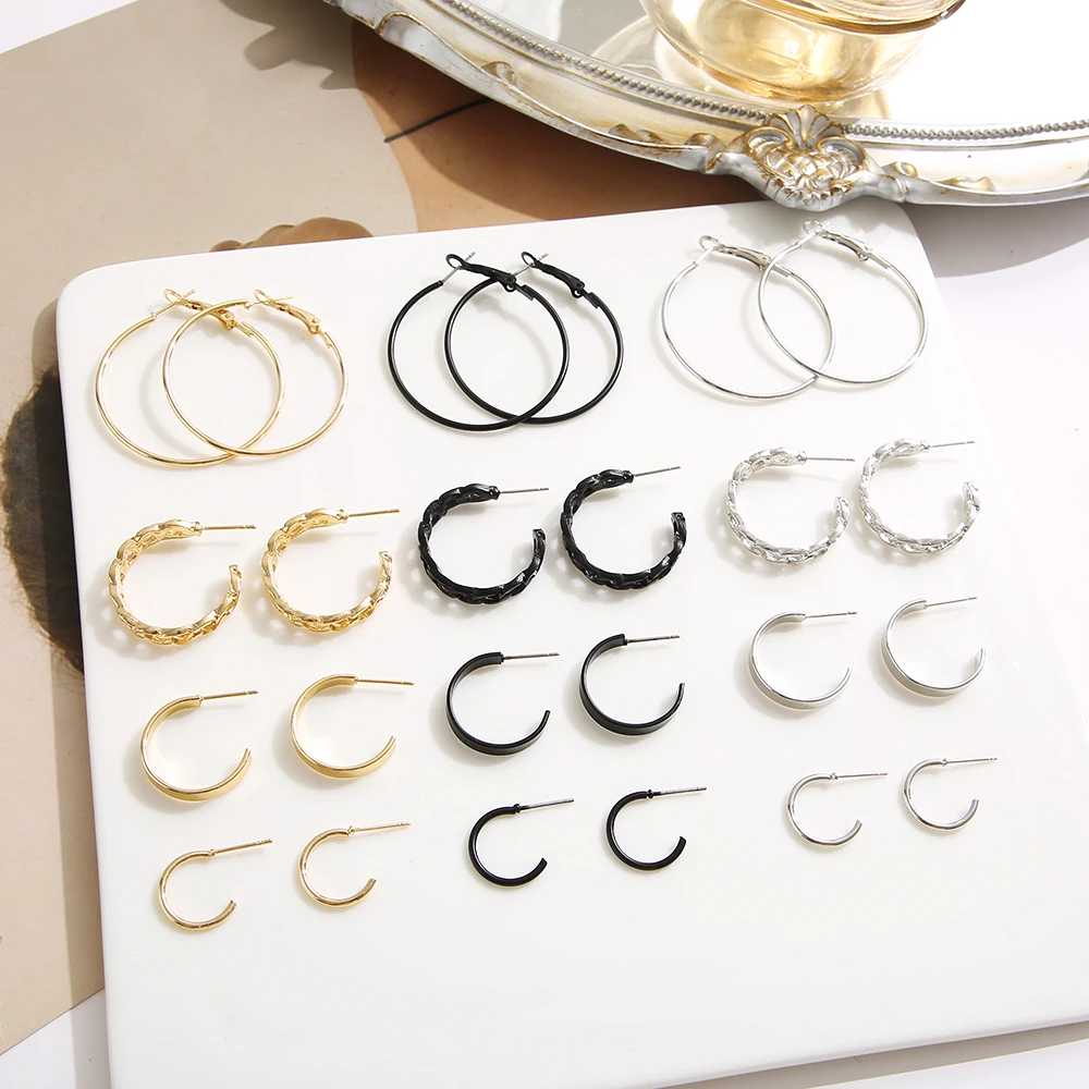 12PCS/Set Gold Silver Black Colors Set For Women Punk C- shaped Big Round Earrings Fashion Statement Female Jewelry
12PCS/Set Gold Silver Black Colors Set For Women Punk C- shaped Big Round Earrings Fashion Statement Female Jewelry