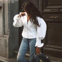 Retro V Neck ladies top slim solid color short t-shirts Bubble Long Sleeve Ruffled Single-Breasted womens top
Retro V Neck ladies top slim solid color short t-shirts Bubble Long Sleeve Ruffled Single-Breasted womens top