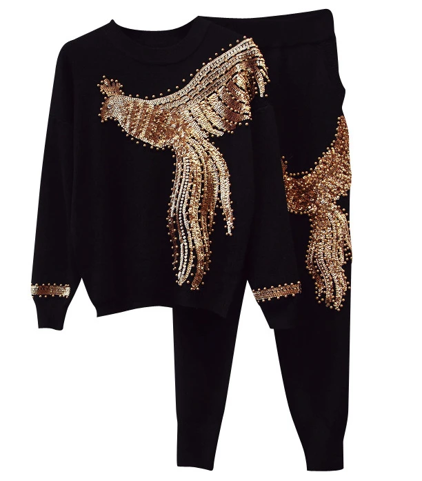 2021 autumn and winter new women's European station peacock beaded sweater sweater little feet pants slim two-piece suit
2021 autumn and winter new women's European station peacock beaded sweater sweater little feet pants slim two-piece suit