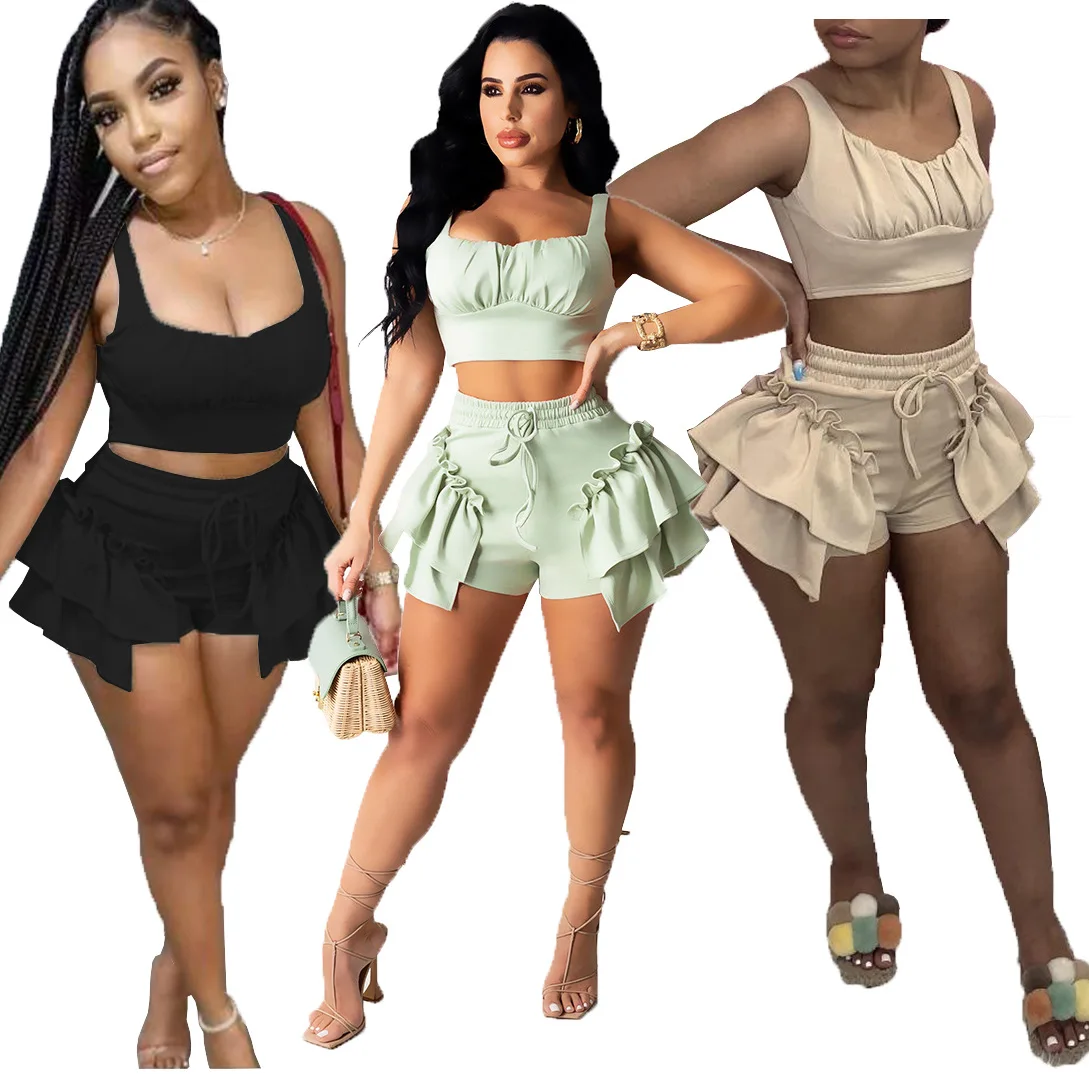 2021 New Fashion Women's Spring And Summer Solid Color Vest Ruffled Elastic Belt Shorts Two piece Pants Set
2021 New Fashion Women's Spring And Summer Solid Color Vest Ruffled Elastic Belt Shorts Two piece Pants Set