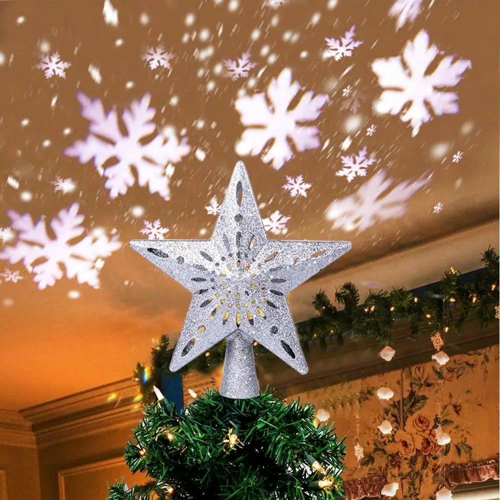 OurWarm 3D Glitter Estrela LEVOU Árvore De Natal Topper com Embutido Rotação Projetor Laser Enfeite de Árvore de Natal Do Floco De Neve Branco