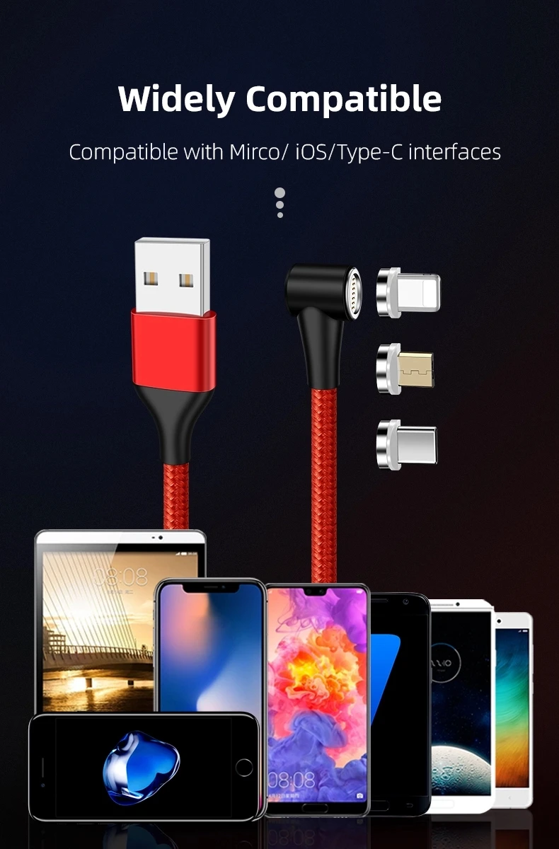 QC3.0 3A Fast Charging 90 Degree Right Angled Magnetic USB Cable for iPhone Micro USB Type C - ANKUX.COM