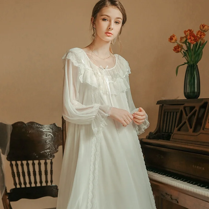B24319A Pajamas home clothes women's summer long-sleeved lace princess nightdress, White, white
B24319A Pajamas home clothes women's summer long-sleeved lace princess nightdress, White, white