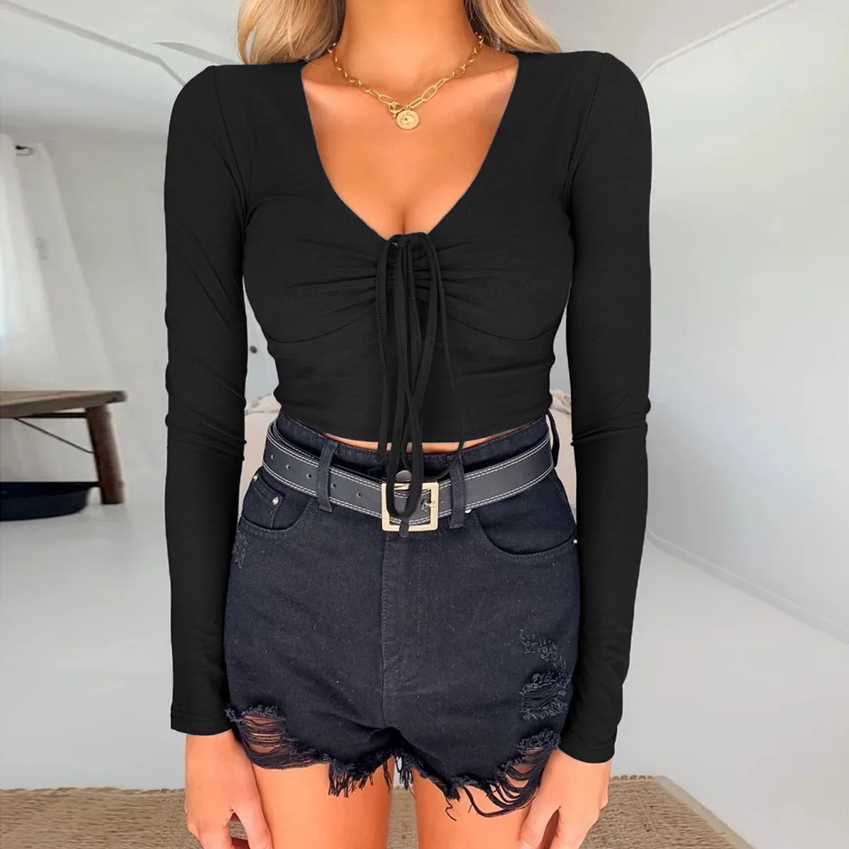 New Customized Elegant Long Sleeve V Neck Black Soild Sexy Women Crop Top Casual Ladies Blouses Clothes
New Customized Elegant Long Sleeve V Neck Black Soild Sexy Women Crop Top Casual Ladies Blouses Clothes