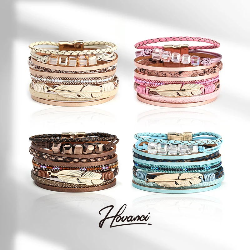 HOVANCI leather bracelet with stainless steel clasp 01 boho hand made multi rope leather wrap feather bracelet set, Khaki,brown,pink,blue,black
HOVANCI leather bracelet with stainless steel clasp 01 boho hand made multi rope leather wrap feather bracelet set, Khaki,brown,pink,blue,black