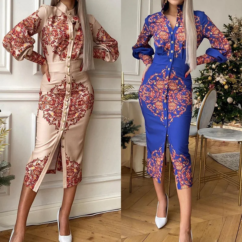 2021 new arrival European and American women's autumn and winter new style printed stand-up collar long-sleeved dress, Shown
2021 new arrival European and American women's autumn and winter new style printed stand-up collar long-sleeved dress, Shown