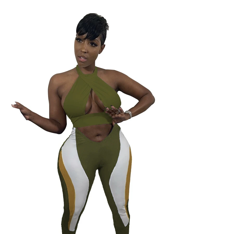 Womens Clothing 2021 Sexy Club Ladies Halter Halter Top Hollow High Waist Pants Color Matching Two piece pants set short sleeve, Show 
Womens Clothing 2021 Sexy Club Ladies Halter Halter Top Hollow High Waist Pants Color Matching Two piece pants set short sleeve, Show