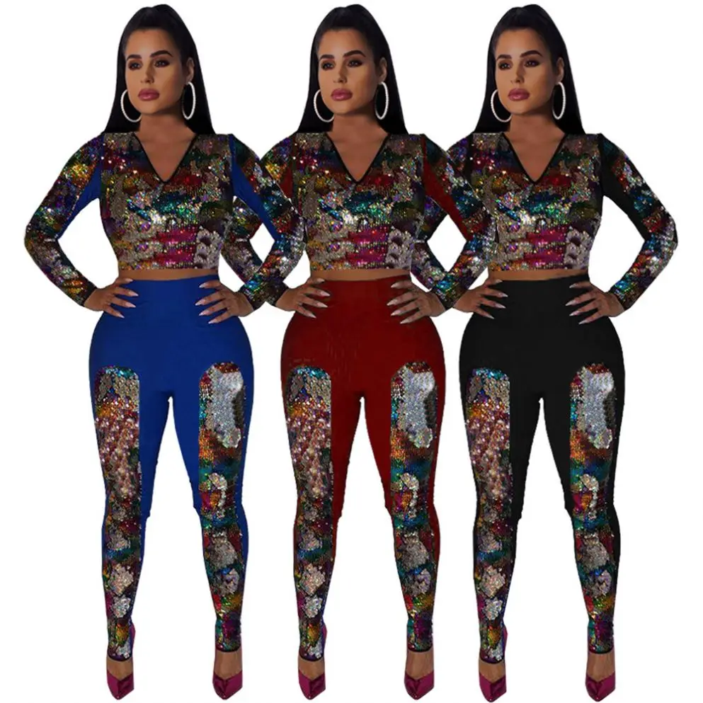 2020 Fashion Sequined V Neck Long Sleeve Crop Top And Stretch Pants 2 Piece Winter Sport Tracksuit Women Set, As photo showed
2020 Fashion Sequined V Neck Long Sleeve Crop Top And Stretch Pants 2 Piece Winter Sport Tracksuit Women Set, As photo showed