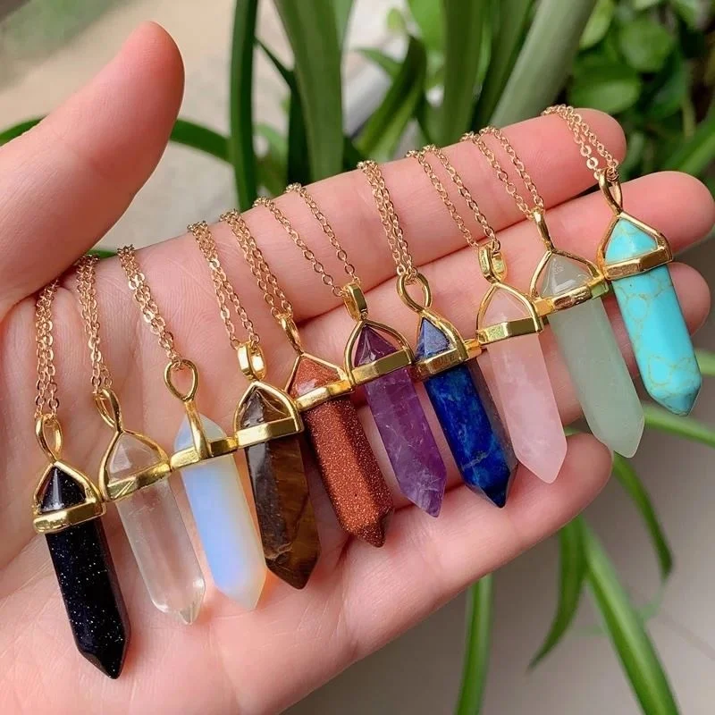 

Women Jewelry Pendulo Fashion Natural Stone Necklace Chakra Pendant Hexagonal Bullet Amethysts Pink Purple Crystal, As the picture