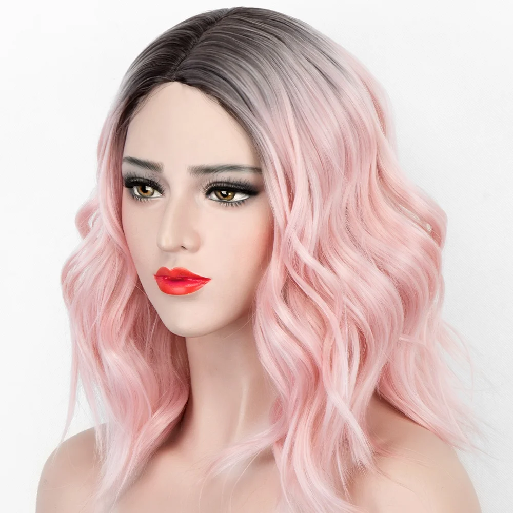 

Aliblisswig Natural Looking Dark Root Ombre Pastel Pink Middle Part Heat OK Fiber Hair Short Wavy Bob None Lace Synthetic Wigs