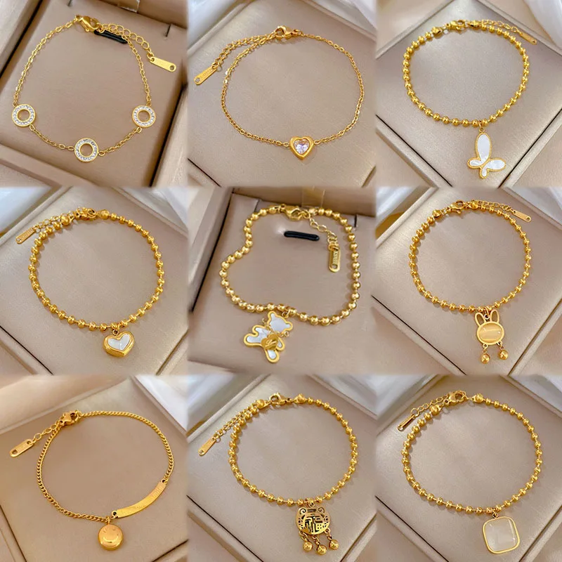 Luxury 18K Gold Bear Heart Butterfly Lock Pendant Bracelet Charm Adjustable Stainless Steel Bead Chain Bracelet for Women
Luxury 18K Gold Bear Heart Butterfly Lock Pendant Bracelet Charm Adjustable Stainless Steel Bead Chain Bracelet for Women