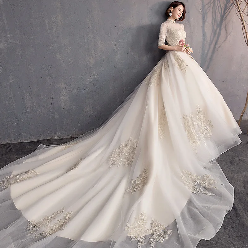 2019 High Neck Lace Half Sleeve Light Champagne Lace Wedding Gown Vintage Bridal Gown with long tail, White wedding gown
2019 High Neck Lace Half Sleeve Light Champagne Lace Wedding Gown Vintage Bridal Gown with long tail, White wedding gown