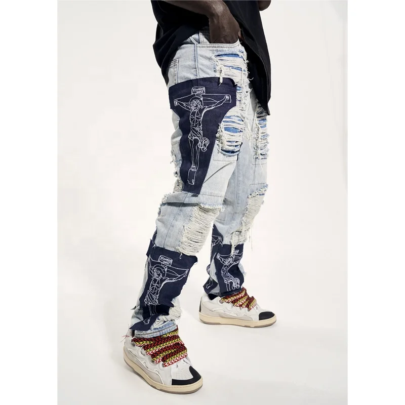 OEM FOG private blue fashion brand drop shipping stock ripped embroidery patches jeans
OEM FOG private blue fashion brand drop shipping stock ripped embroidery patches jeans
