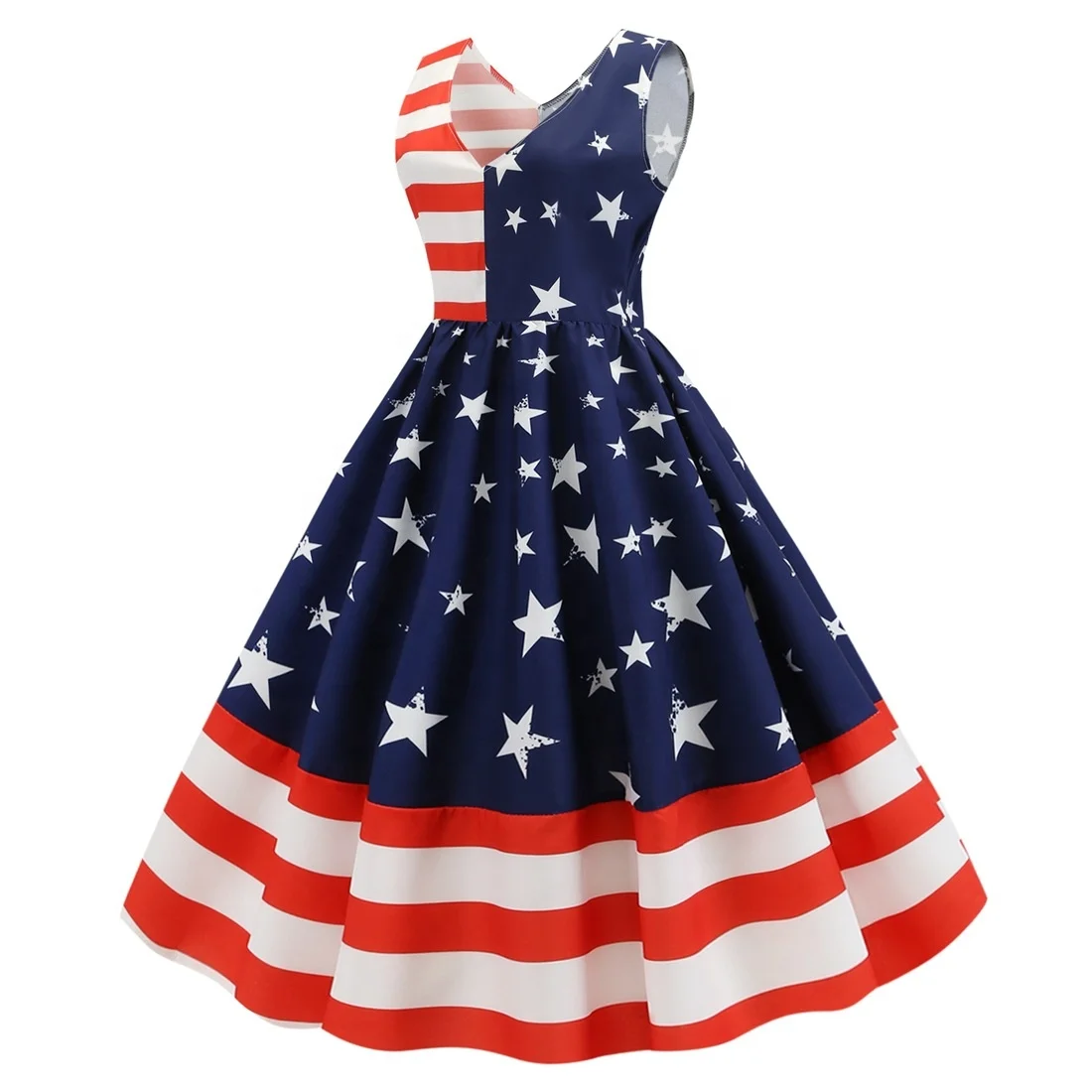 F21299A hot sale V-neck sleeveless striped star print casual dresses vintage women dress for Independence Day, As picture
F21299A hot sale V-neck sleeveless striped star print casual dresses vintage women dress for Independence Day, As picture