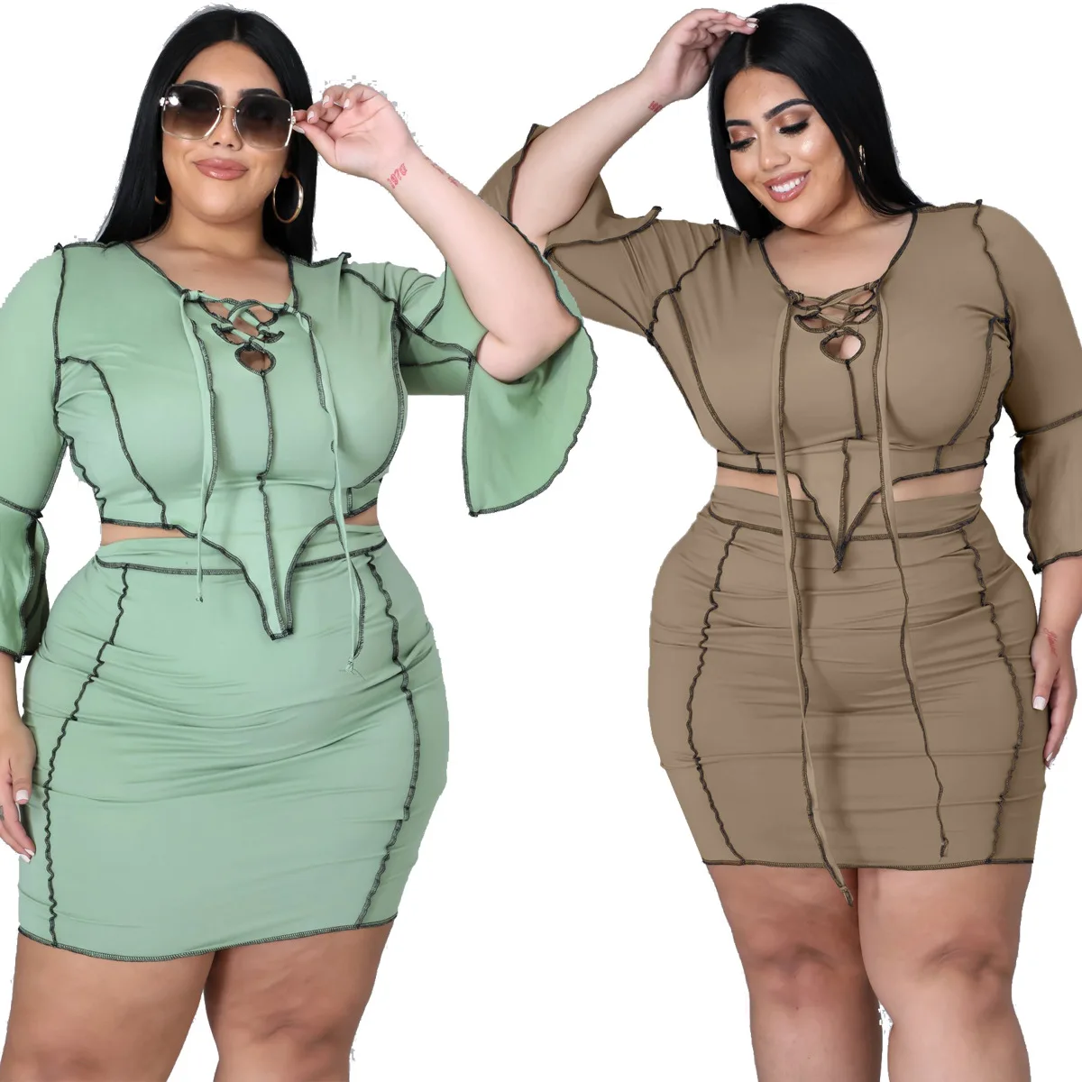 PSS2125 Hot Sale Plus Size Women Clothing Solid Color Lace up Casual Two Piece Skirt Set, As show
PSS2125 Hot Sale Plus Size Women Clothing Solid Color Lace up Casual Two Piece Skirt Set, As show