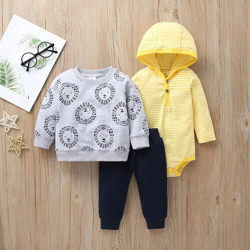 Ins Hot Sale Contrasting Colors Long Sleeve Sweater Hooded Snap Button Rompers Baby Boy 3pcs Clothes Set
Ins Hot Sale Contrasting Colors Long Sleeve Sweater Hooded Snap Button Rompers Baby Boy 3pcs Clothes Set