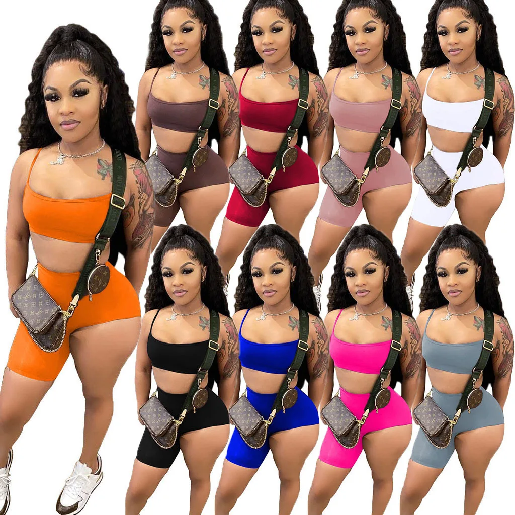 wholesale Solid color sexy sports simple sling wrapped chest plain jogging suits for women suit two piece short set 
wholesale Solid color sexy sports simple sling wrapped chest plain jogging suits for women suit two piece short set