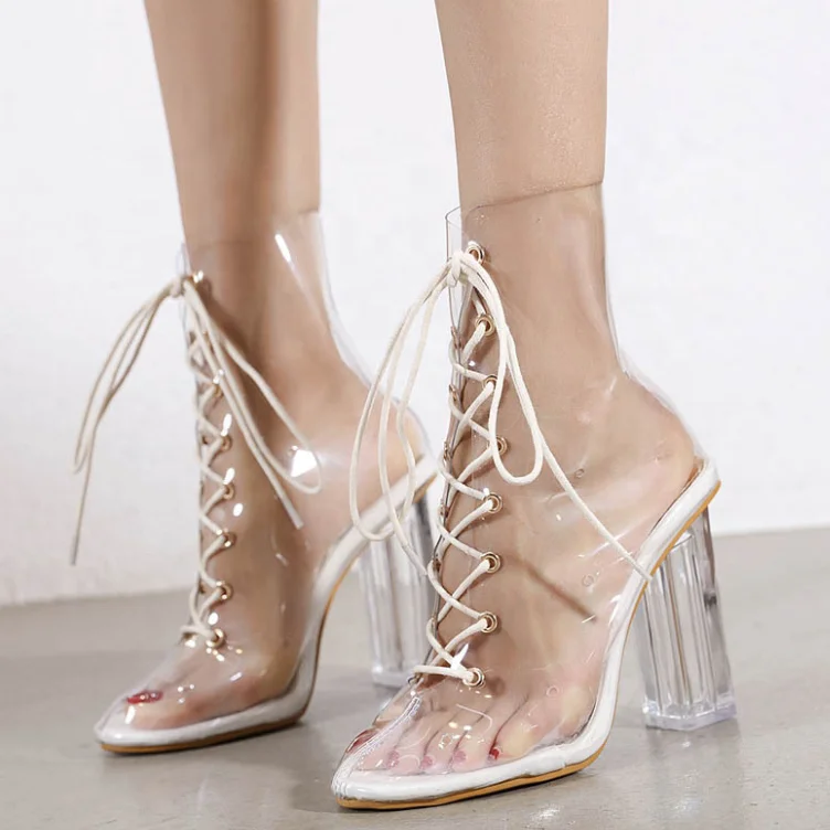 Summer Clear PVC Upper Front Lace Up Round Toe Women Ankle Boots Crystal Chunky Heel Streetwear Breathing Fashion Ladies Sandals, Apricot,black,white
Summer Clear PVC Upper Front Lace Up Round Toe Women Ankle Boots Crystal Chunky Heel Streetwear Breathing Fashion Ladies Sandals, Apricot,black,white