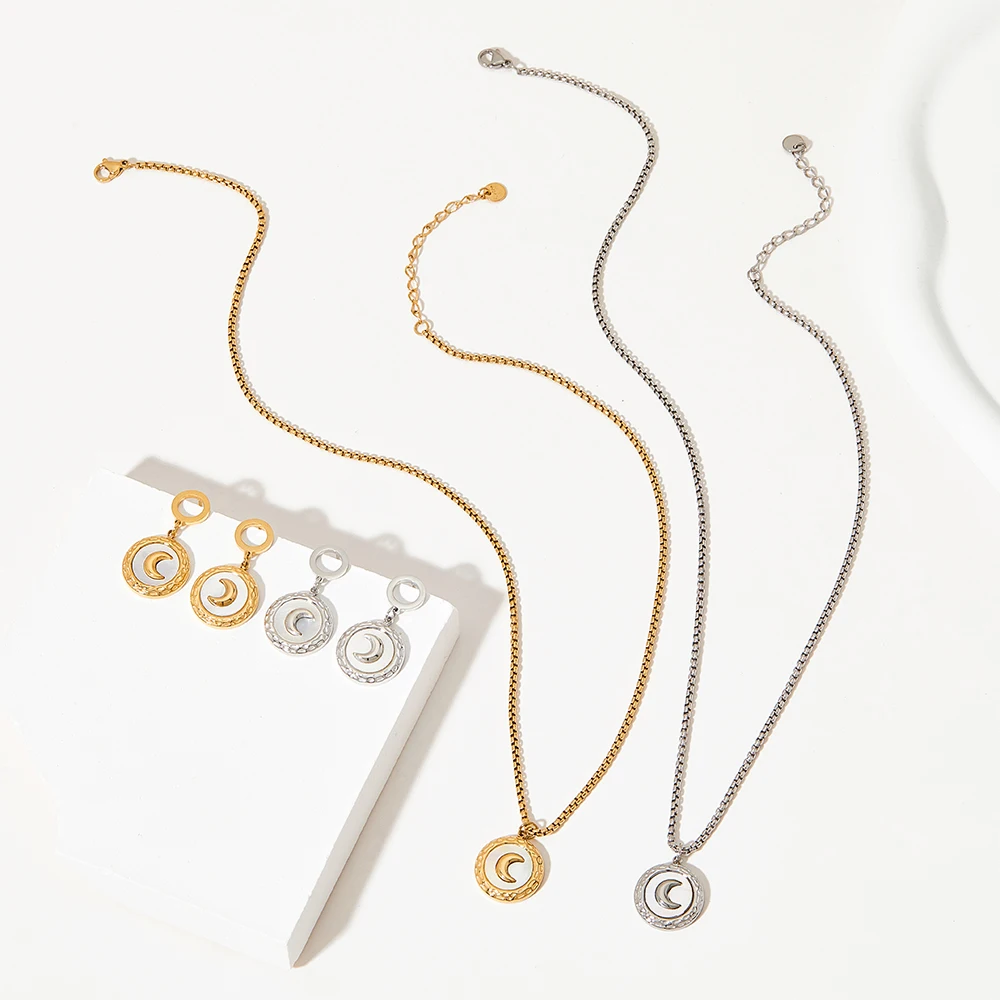 New Arrival Moon Pendant Necklace And Earring Set Stainless Steel Natural White Shell Pendant Necklace
New Arrival Moon Pendant Necklace And Earring Set Stainless Steel Natural White Shell Pendant Necklace