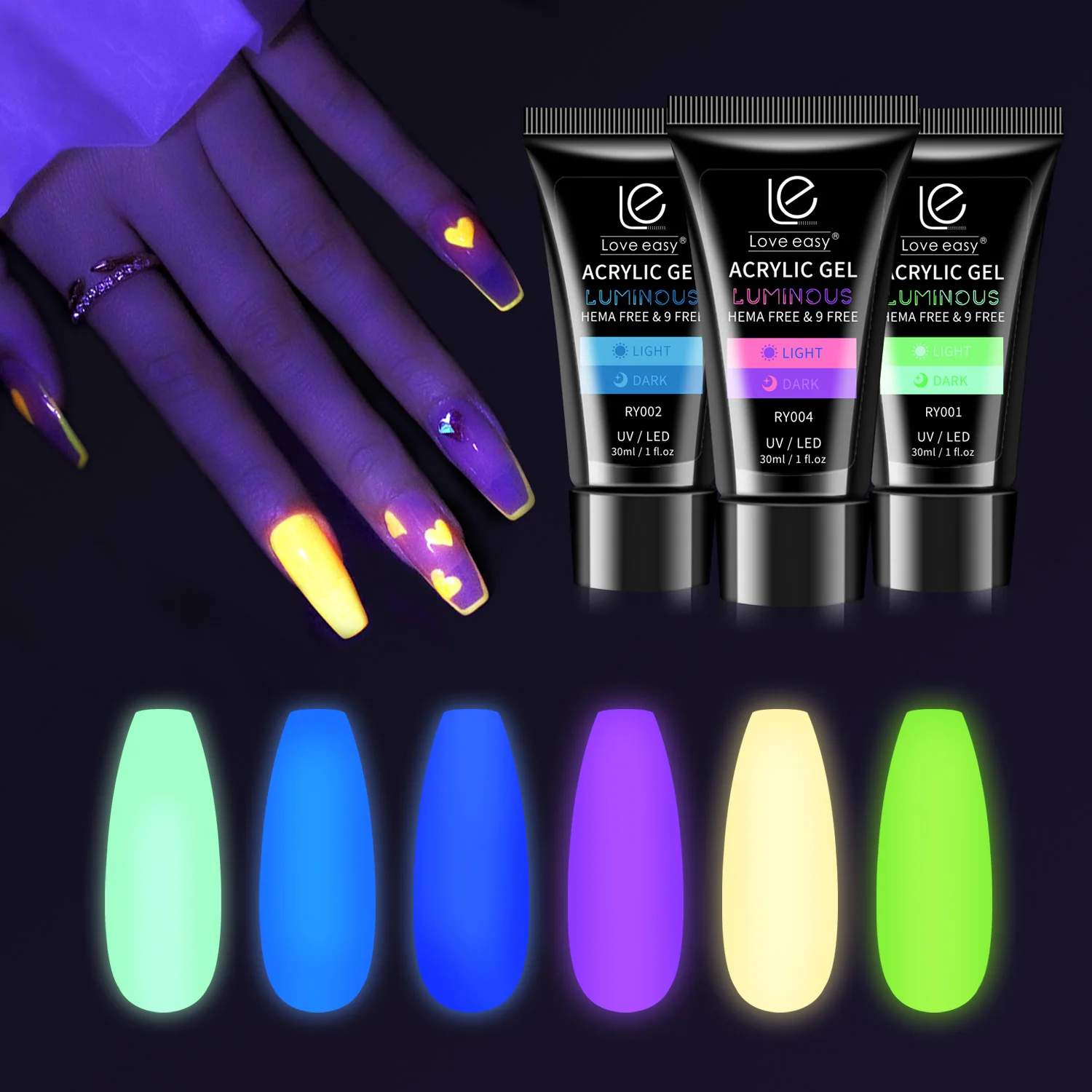 Fluorescent Bright Colors Gel Neon Nail Polish Glow in Dark Luminous Acrylic Poly Gel, 6 colors
Fluorescent Bright Colors Gel Neon Nail Polish Glow in Dark Luminous Acrylic Poly Gel, 6 colors