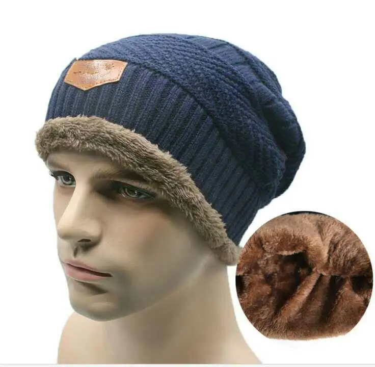 Wholesale slouch cable knit Acrylic thermal warm men fleece cap hat winter beanie