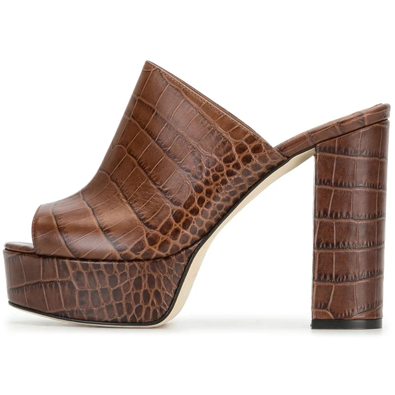 2020 Women Peep toe Crocodile pattern PU Leather Platform Chunky High Heels Mules, Brown
2020 Women Peep toe Crocodile pattern PU Leather Platform Chunky High Heels Mules, Brown