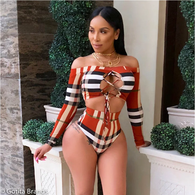 2021 Sexy cut out high waist swimsuit, thong, long sleeve surfwear Classic grid swimwear
2021 Sexy cut out high waist swimsuit, thong, long sleeve surfwear Classic grid swimwear