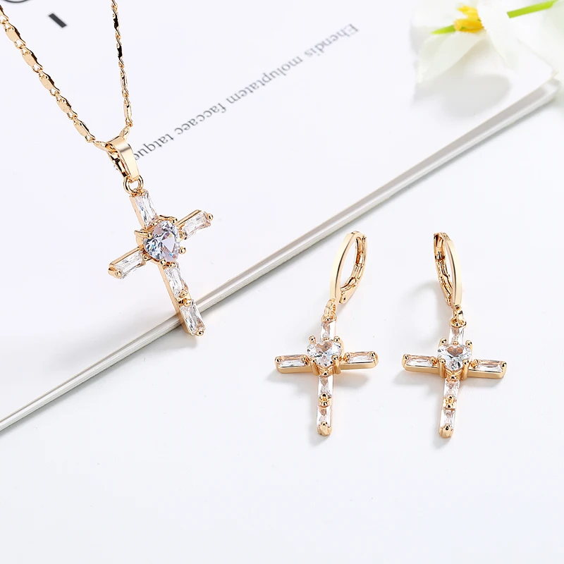 religious Christian accessories zirconia cross pendant necklace and earrings 18k gold plated brass jewelry conjunto accessories
religious Christian accessories zirconia cross pendant necklace and earrings 18k gold plated brass jewelry conjunto accessories