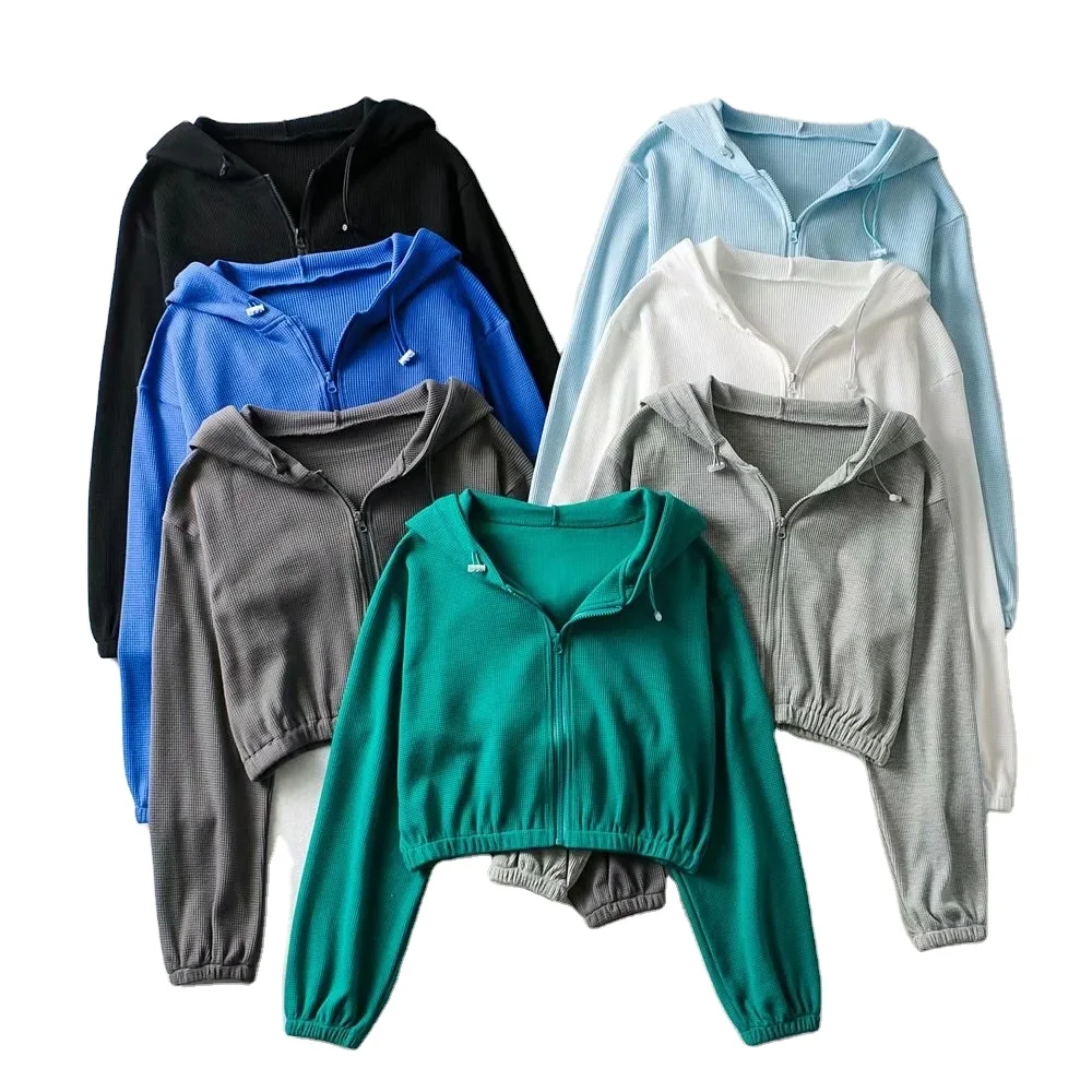 Wholesale Fashionable Women's Loose Zipper Coat Waffle Hoodie Short Casual Fitness Ladies Hoodie
Wholesale Fashionable Women's Loose Zipper Coat Waffle Hoodie Short Casual Fitness Ladies Hoodie