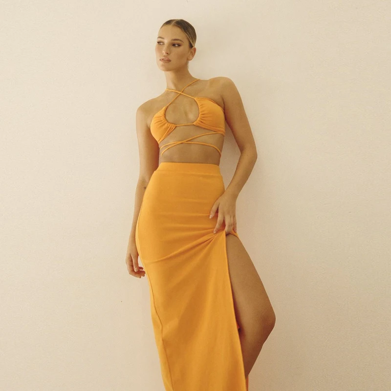 Bomblook M21ST289 Sexy Bikini Two Piece Skirt Set Women Halter Crop Top Ribber Maxi Skirt Solid Color Two Piece Set Clubwear
Bomblook M21ST289 Sexy Bikini Two Piece Skirt Set Women Halter Crop Top Ribber Maxi Skirt Solid Color Two Piece Set Clubwear